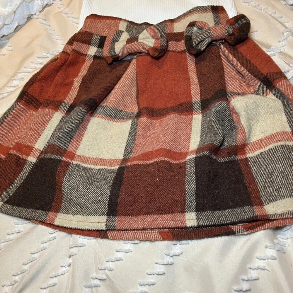 Kids Girls Size 6 White Ribbed Ruffle Sleeve Top Plaid Bow Skirt Outfit Set